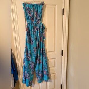 Lilly Pulitzer Blue and Pink Coral Strapless Jumpsuit